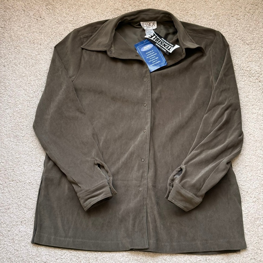 DEADSTOCK Jessica Sport Faux Suede Snap Front Shirt Olive Green Size L NWT